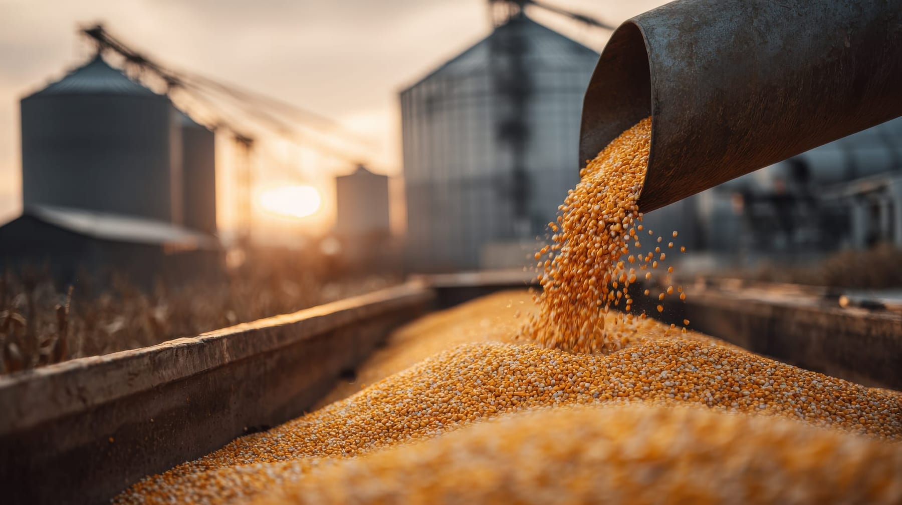 Grano cayendo al atardecer junto a silos en una operación agroalimentaria de Monterrey con Orkin