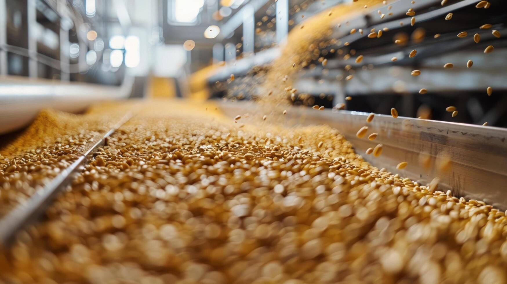 Grano fluyendo en una planta de procesamiento bajo control de plagas de Orkin en Monterrey